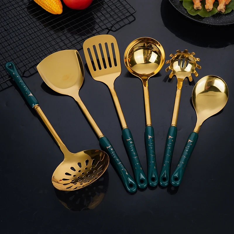 Gift Kitchen Cooking Tools Ceramic Handle Stainless Steel Gold Utensil Special Set With Storage Holder