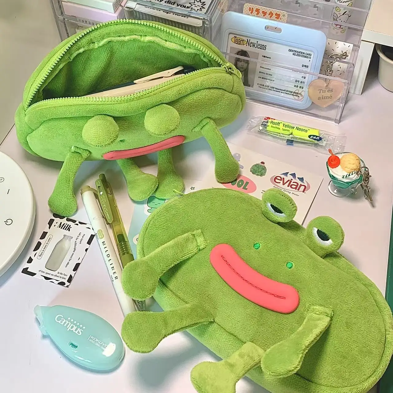 hot selling funny big mouth frog plush pen bag large capacity stationery storage bag organizer boy pencil case for school