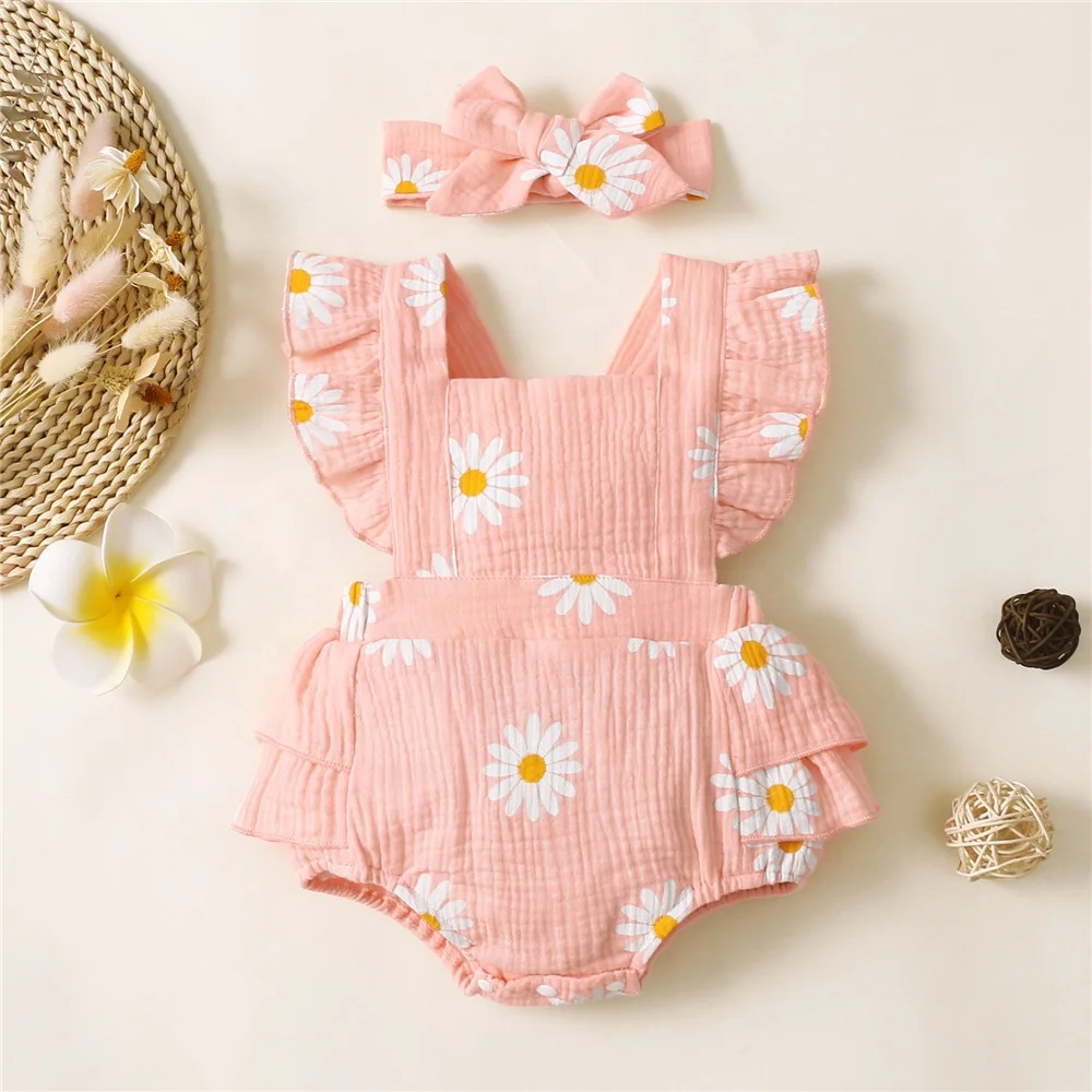 2 Pcs Headband Set Floral Print Baby Romper Summer Cotton Everyday Wear Casual Children Clothes Set Kids Toddler Infant Clothes