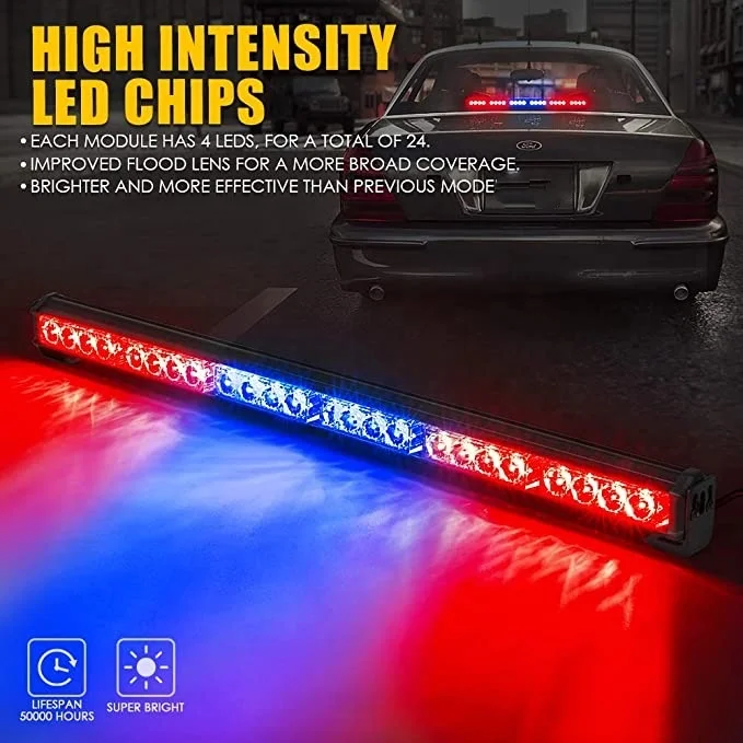 
12v Red Blue 24 LED Warning Emergency Strobe Lights 27 inch Strobe Flash Traffic Advisor Police Light bar for Vehicles Truck Car 