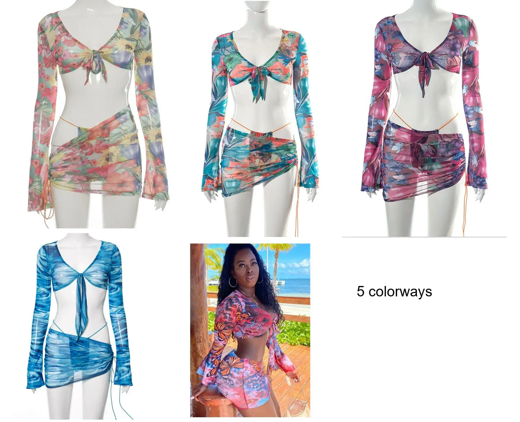 
Sexy Mesh Sheer 3 Piece Set Club Birthday Outfits for Women Beach Vacation Summer Clothes Crop Top Skirt Matching Sets 