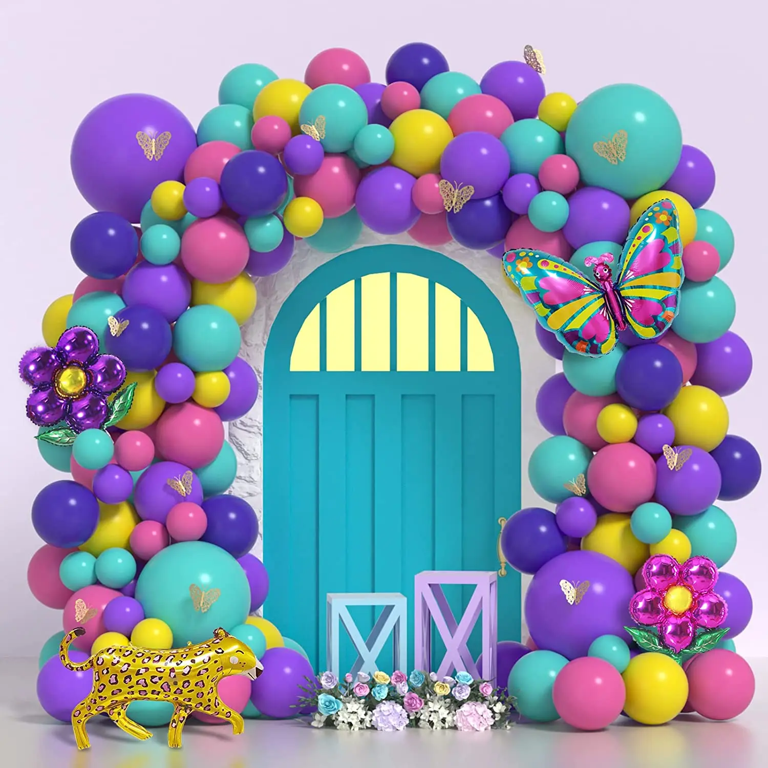 141PCS Purple Blue Yellow Balloons Arch Kit with Gold 3D Butterfly Stickers For Entertainment Program Birthday Party Supplies