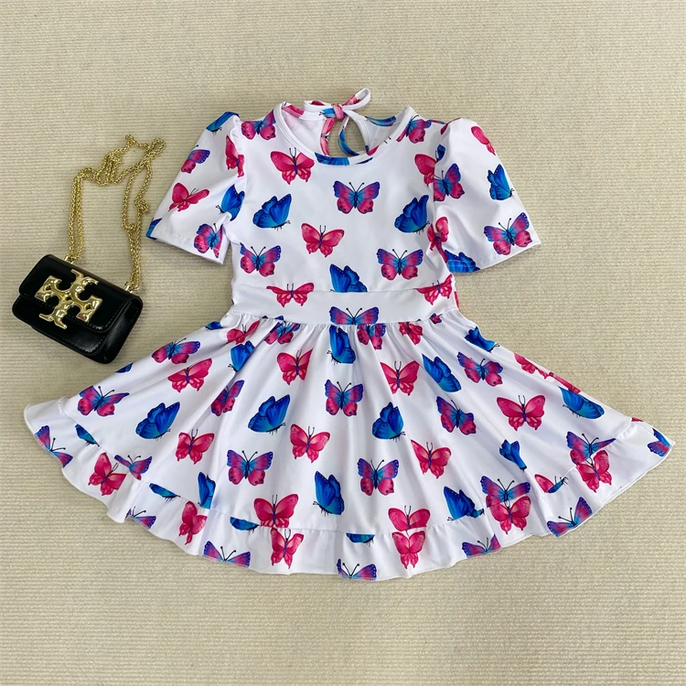 Custom different pattern baby girl summer clothes dress puffle-Sleeve ruffle toddler girl clothes dresses for kids