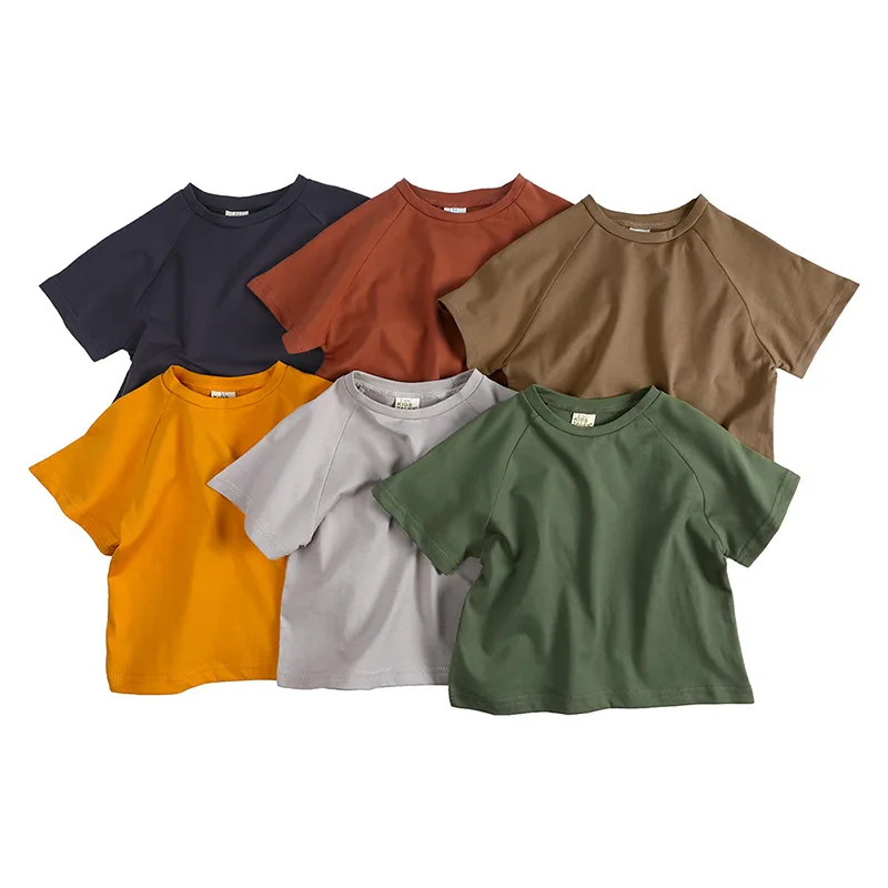 Summer Boys and Girls Solid Color Short-Sleeved T-Shirt Casual Wear with Loose Bat-Sleeved Design and O-Neck collar