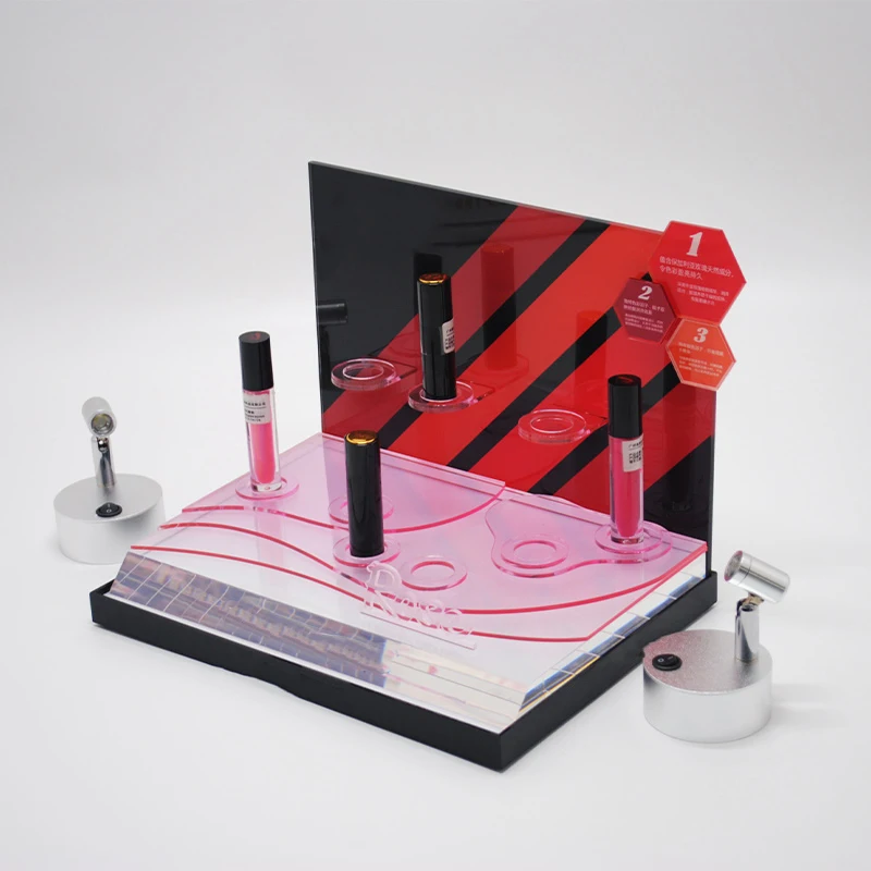 Customised acrylic shopping mall cosmetic make up perfume lipstick counter display stand with light stand