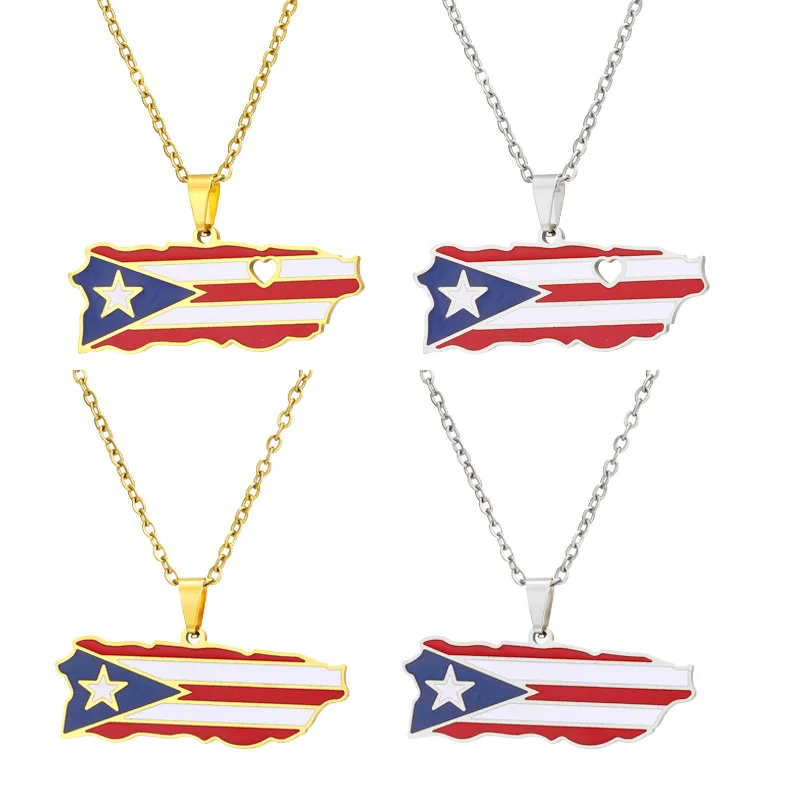 Stainless Steel Enamel Puerto Rico Map Pendant Chain Men Women Puerto Ricans PR Heart Map Necklace