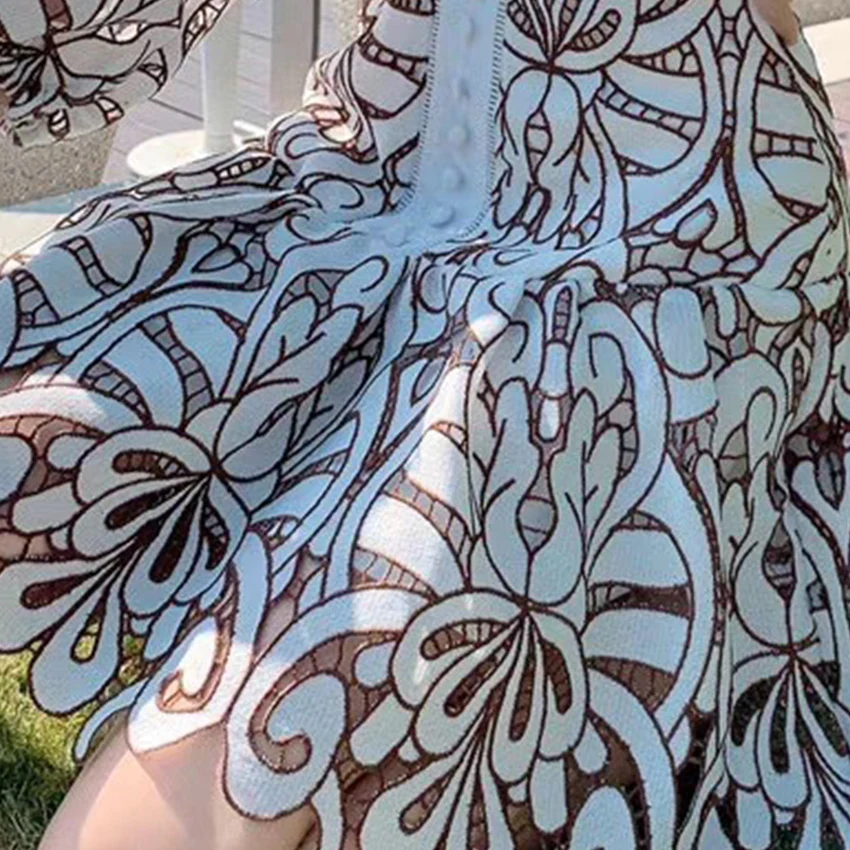  Bishop sleeve Open lace pleated hook A-line skirt commute High collar Decor Wholesale Summer Dresses
