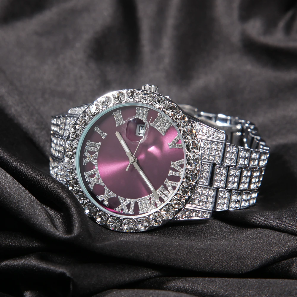 2022  Iced Out Baby Pink Women Watches Bling Watch with Purple Dial Bling Bling Hip Hop Watches