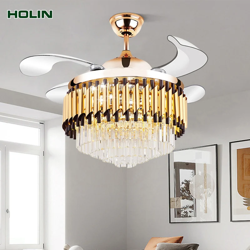 Wholesale 42-inch gold Deluxe ABS Retractable DC remote control Invisible crystal chandelier fan Lamp ceiling light with fan