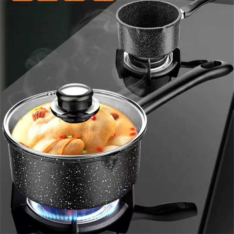 Wholesale 16cm Non Stick Granite Maifan Stone Classic Kitchen Soup Pot Black Milk Pot Sauce Pan With Glass Lid