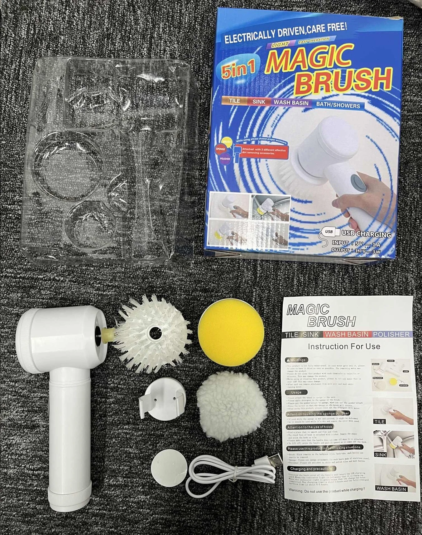 USB 5 In 1 Electric Handheld Cleaning Brush For Kitchen Bathroom Sink Dishwashing Tile Glass