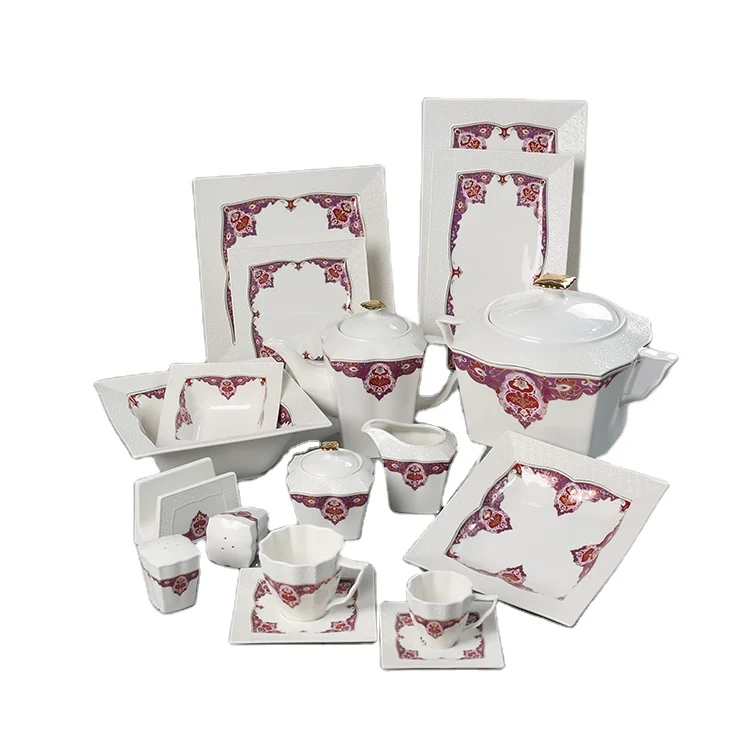 Royal Luxury Ceramic Tableware Dinner Set White Porcelain Embossed Dinnerware With Gold Purple Decal