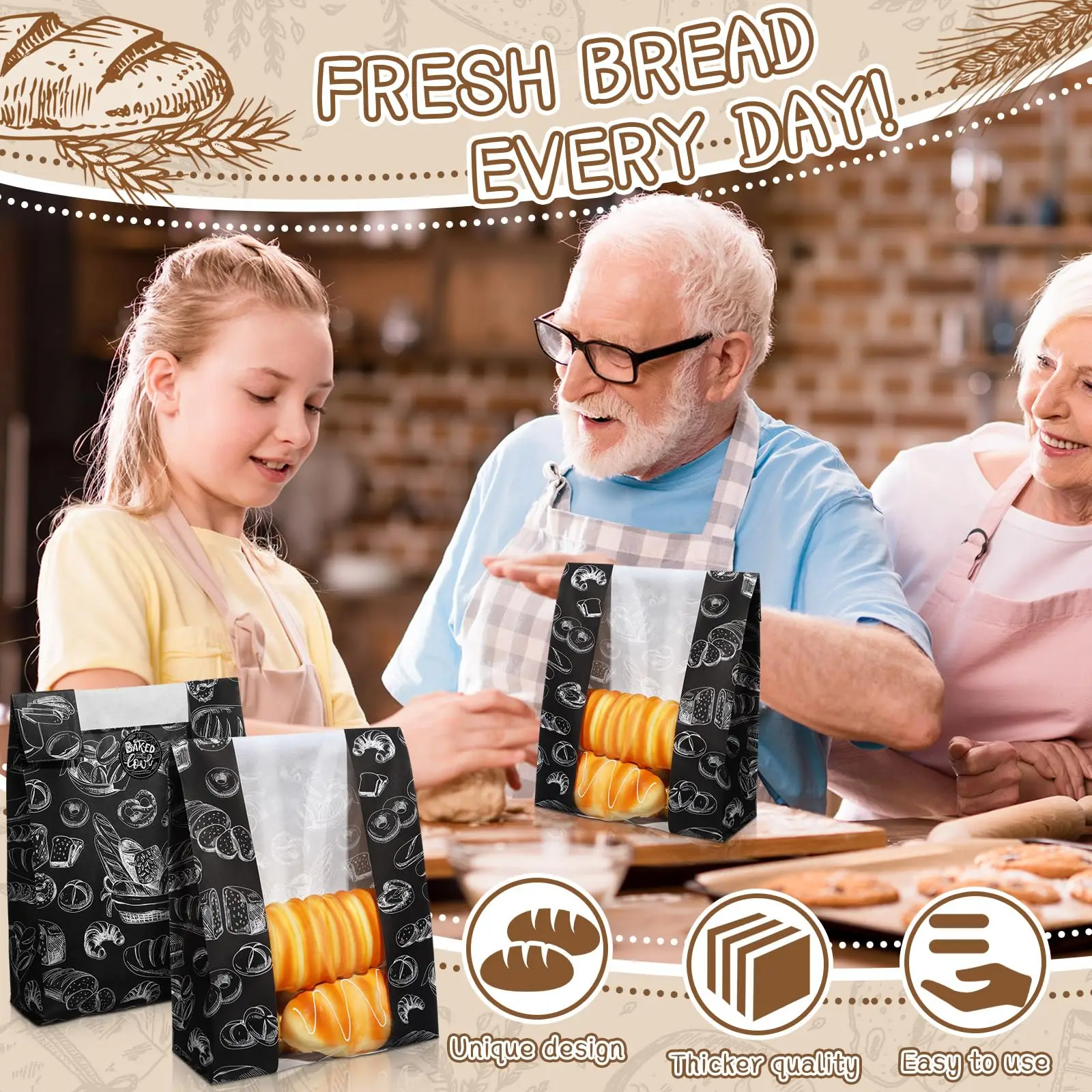 Customized Logo Design Print Greaseproof Kraft Treat Bakery Packaging Paper Bread Bag with Plastic Clear Window