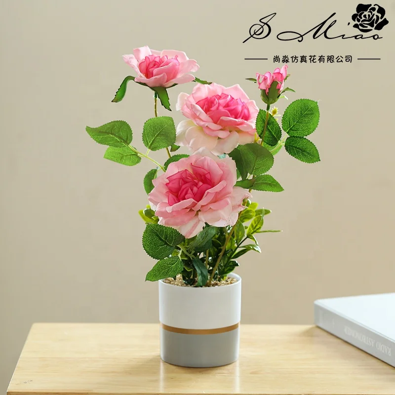 High quality artificial Chinese rose bonsai plastic pot home decoration pot