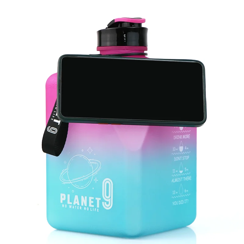 China Bulk Buy 2.7l Square Water Bottles With Phone Holder High Quality Metal Cover Water Bottles For Sports Bpa Free