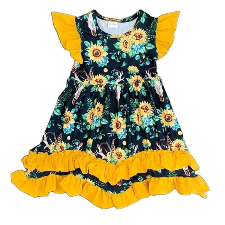 Boutique little girl cotton ruffle pearl dress chicken  printed kids clothes  0M-10T year old girl pearl dress