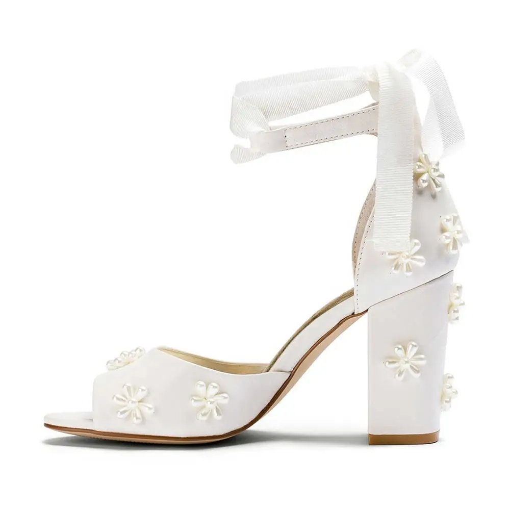 Elegant Women Sandals Open Toe Chunky Heel Ankle Lace Up Beautiful Flower High Heels Customized White Wedding Shoes For A bride