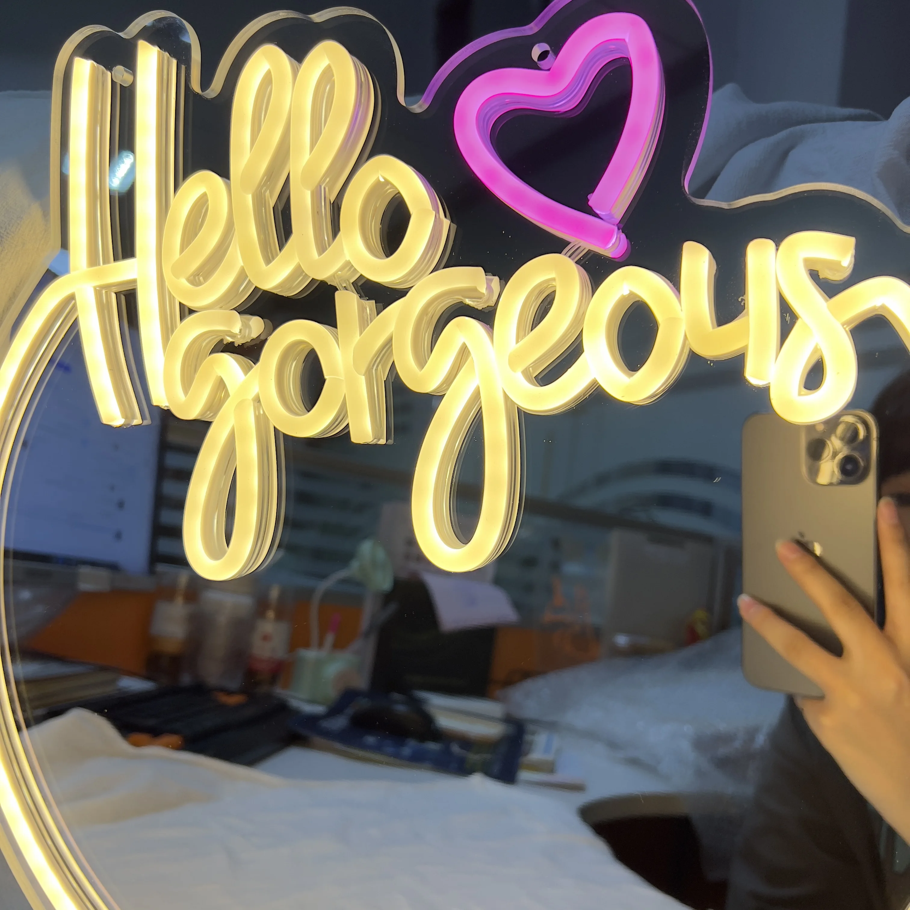 Hello Gorgeous Neon Mirror Sign Custom Acrylic Mirror Lamp Wall-Mounted Led Neon Night Light