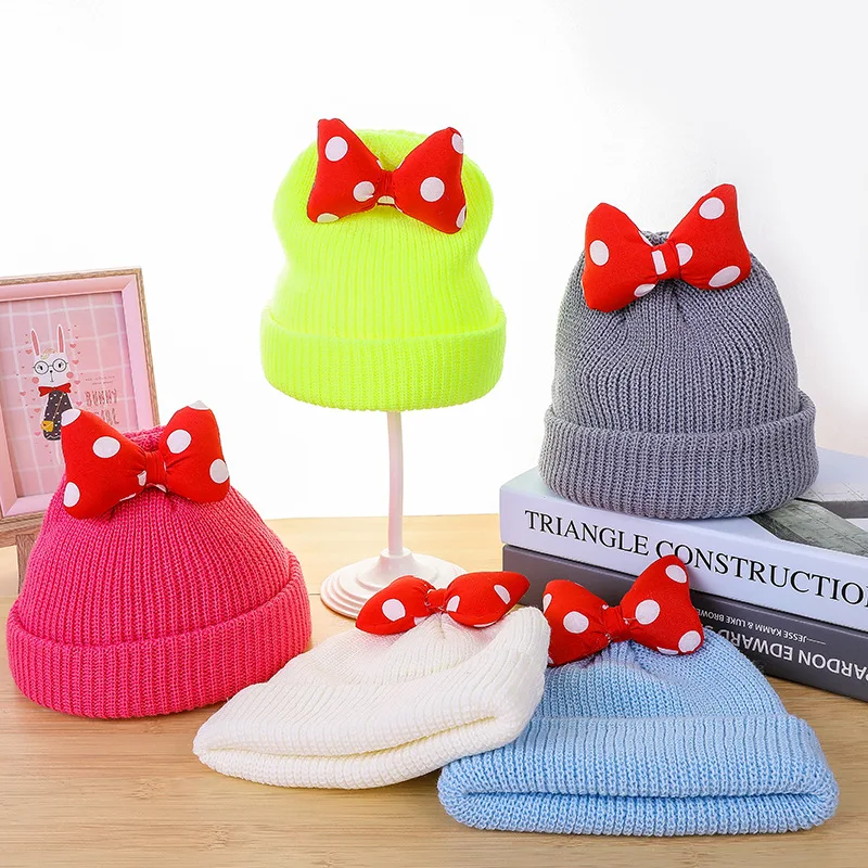 Children Hat Autumn and Winter Korean Solid Color Bow Baby Knitted Hat Boys and Girls Warm Neon Color Cool Cap