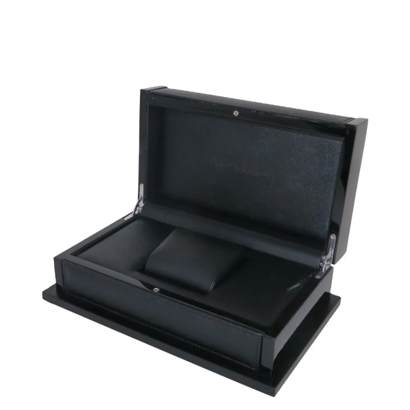 Black glossy lacquered and PU leather coated wooden watch box