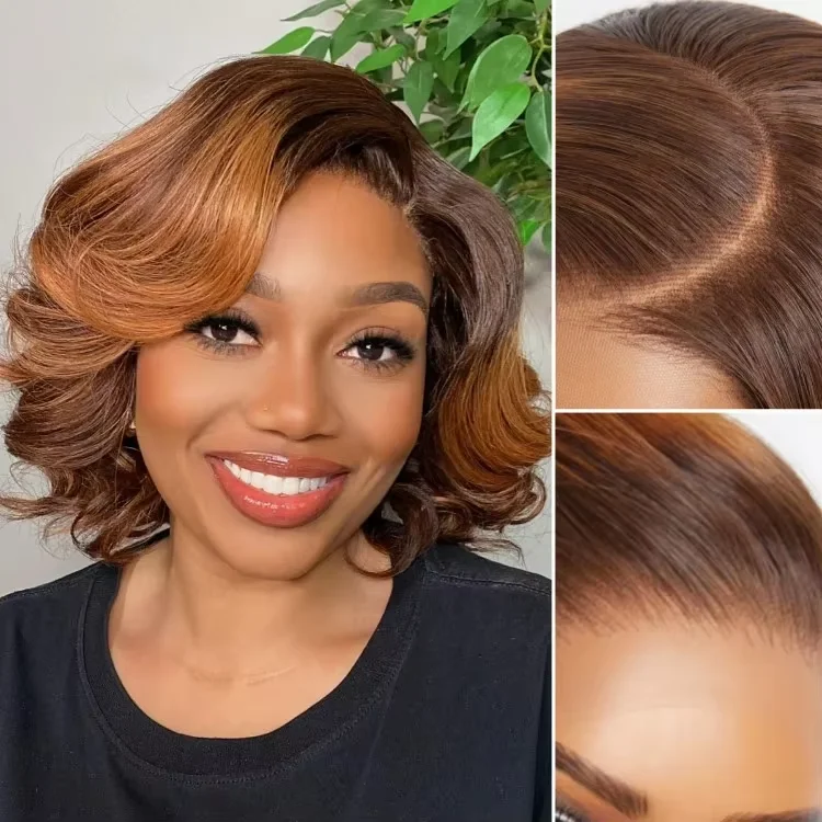 New Fashion Mature Boss Brown Ombre Highlight / Natural Black Loose Wave Human Hair Glueless 5x5 4x4 Lace Closure Wigs for Women