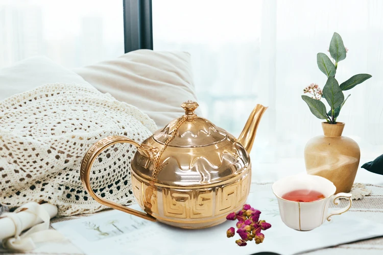 Stylish and Elegant Turkish Pitcher Pot Gold Stainless Steel Handmade Art Decorative Teapot Tea Kettle