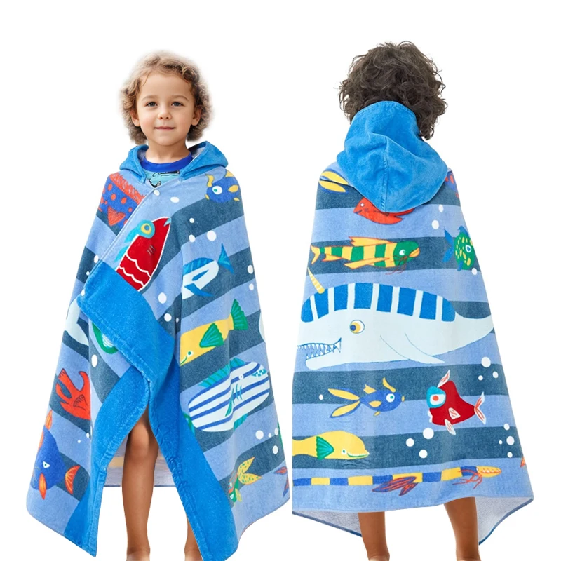 Children Printed Hooded Towel Cartoon Absorbed  100% Cotton  Factory Swimming Kids poncho Hooded Bath Beach Towel