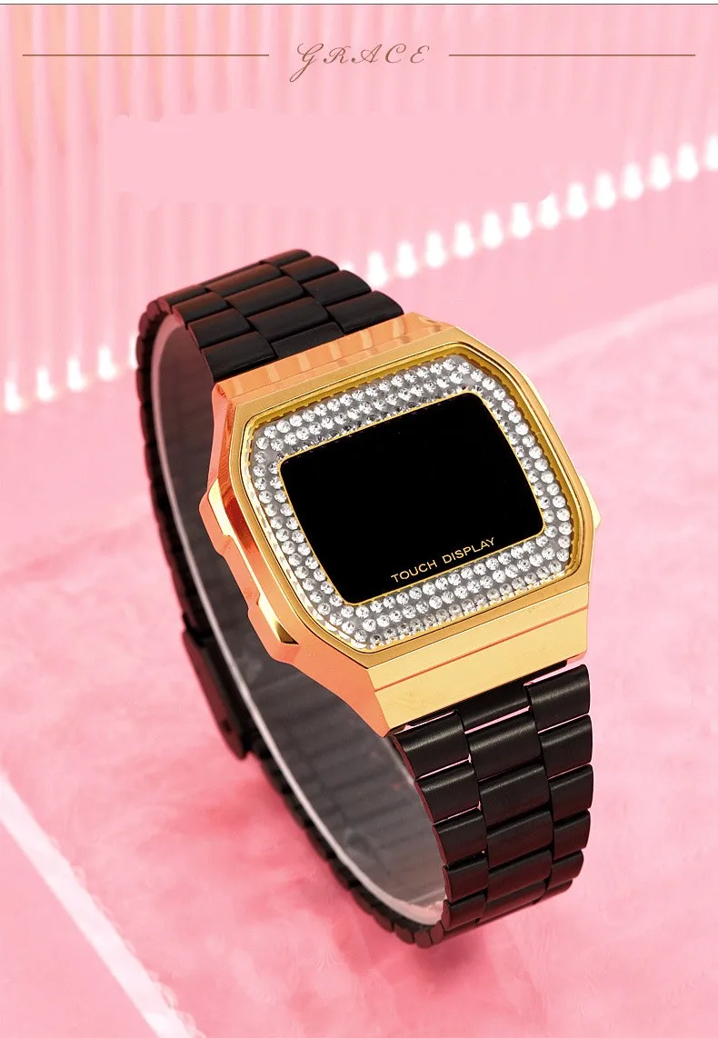 Classic Luxury Square Diamond Dial stainless steel band female LED electronic WristWatch