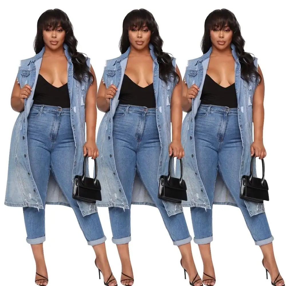 
Plus size winter women long sleeveless blue denim jacket 