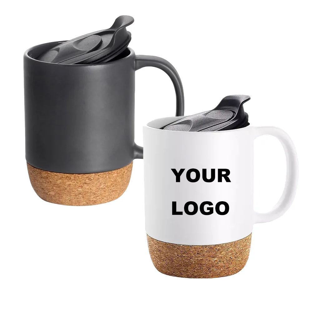 Custom Logo Nordic Matte Grey White Black Glaze Cork Base Ceramic Coffee Mug With Wooden Insulated Cork Bottom and Plastic Lid