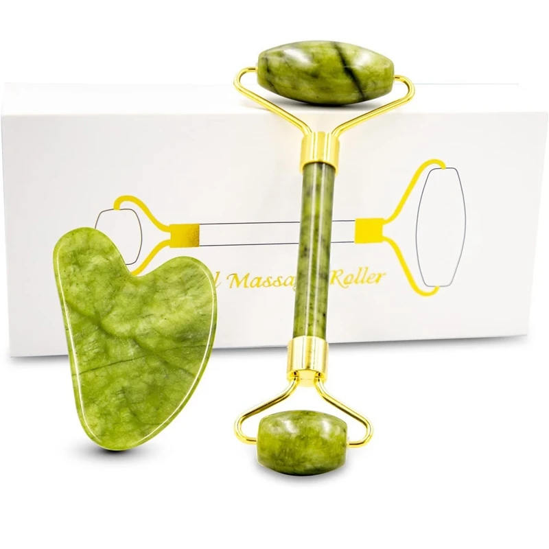 Custom Logo Anti Aging Facial Gemstone Guasha Massager tool Body Scraping Massage Jade Gua Sha Roller Set for Face