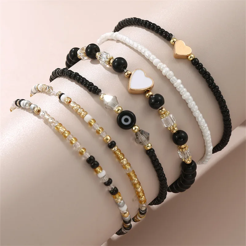Fashion Natural Bohemian Beaded Bracelets Dark Color Beaded Elastic Bracelet Set for Girls