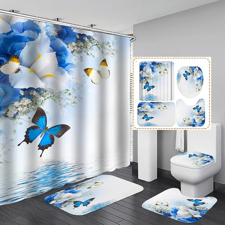 Spring Pink Purple Floral Waterproof Fabric Shower Curtain Set with 3 Bathroom Mats