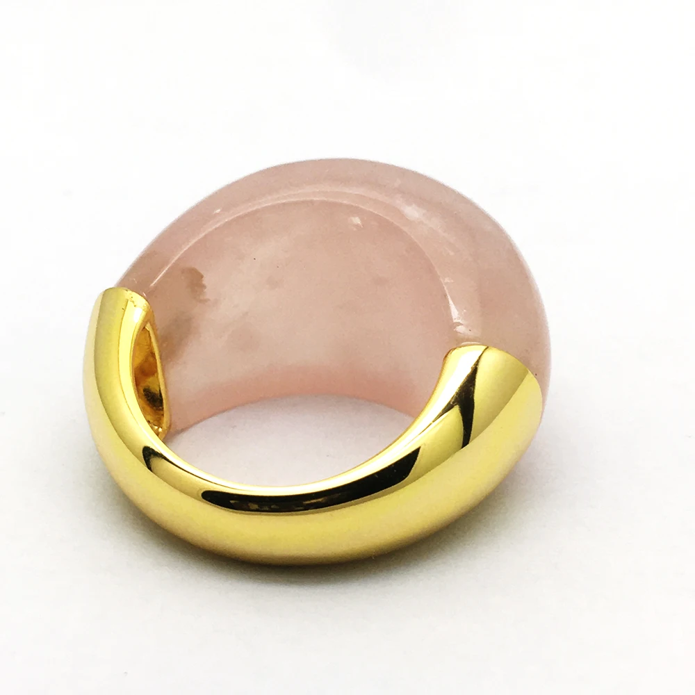 Luxury Vintage Custom Jewelry Natural Real Gemstone Big Rose Quartz Pink Cabochon Stone 18K Gold Ring For Gift