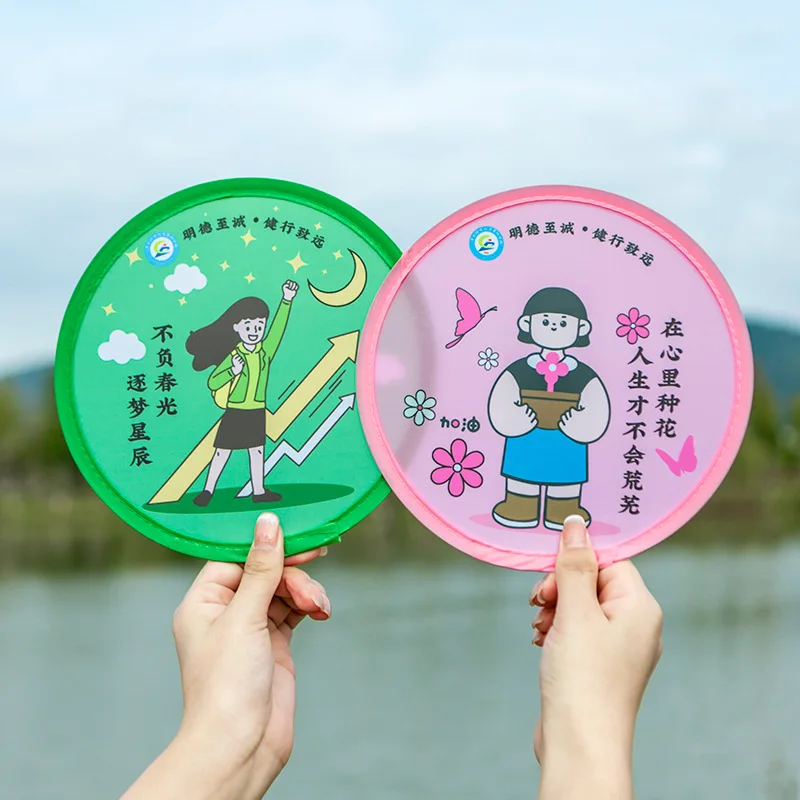 Collapsible Fan With Plastic Handle Summer Promotion Custom Folding Hand Fans Fabric Polyester Nylon Foldable Flying Disc