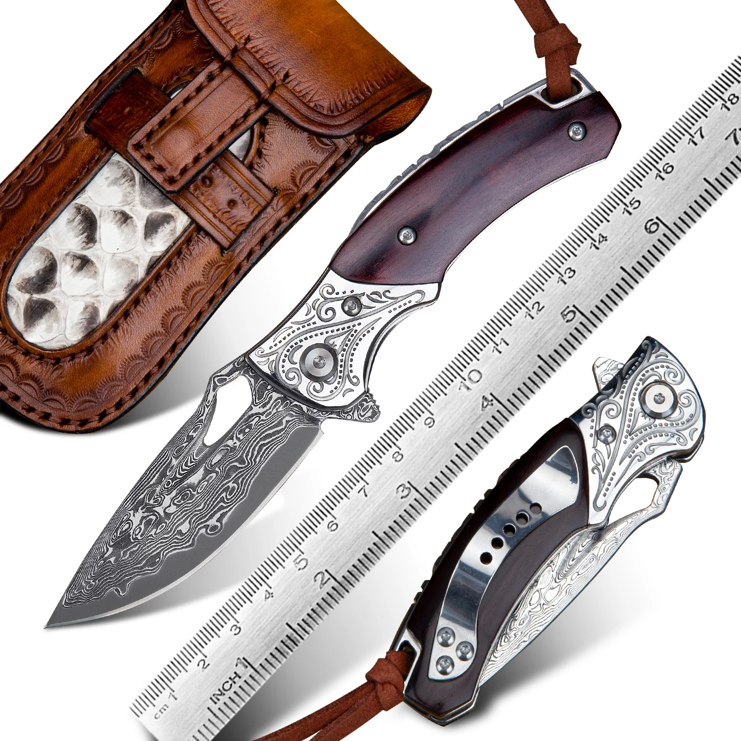 Handmade Outdoor Survival Hunting Leather Sheath EDC Knives Rosewood Damascus Steel Folding Pocket Knife with Clip