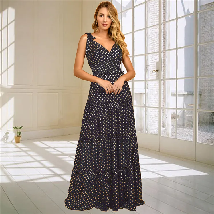 2022 Spring Summer Wave Point V-neck Sling Slim Floor-Length Black Long Dress For women Formal Open Back