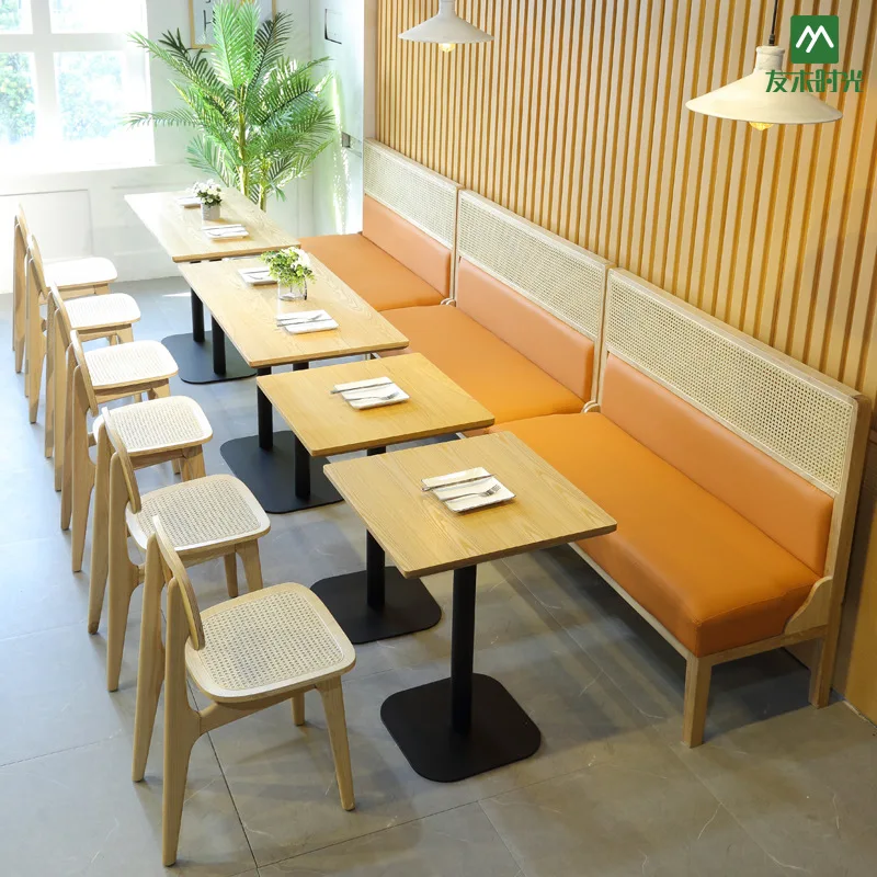 Nordic Rattan Leather Restaurant Booth Seating High Back Customized Commercial Cafe Dining Chair Sofa