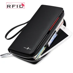 WILLIAMPOLO business men leather wallet long rfid credit card holder alloy zipper clutch large capacity phone leather wallet men