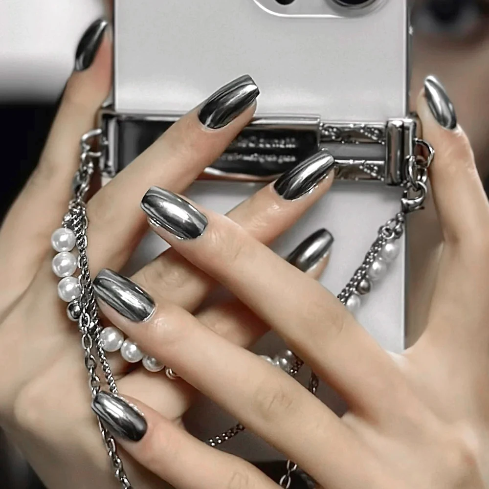 Faux Ongles Custom Press On Nail Metallic Silver Electroplated Nails Reusable Good Quality Press On Nails Acrylic Affordable