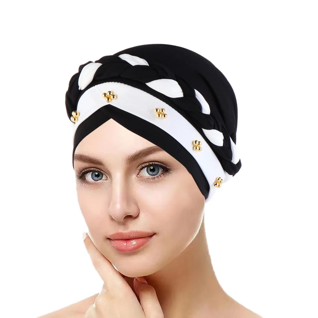 Muslim European and American Hair Hide Women Turban Solid Color Hat India in Stock Ladies Braid Contrast Color Cap