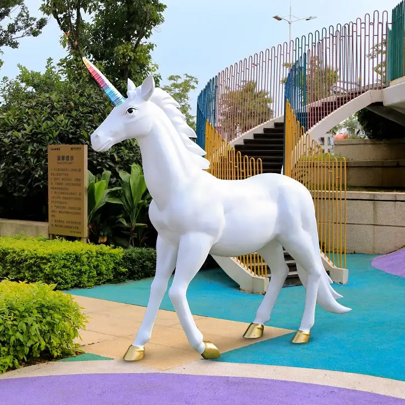 Large Fiberglass Cartoon Animals Outdoor Garden Life Size Unicorn Sculpture Resin Pink Horse Statue