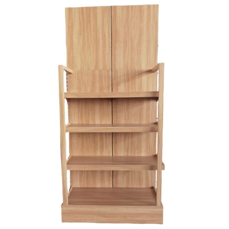 Customized wood display gondola shelving to hold wine bottles alcohol fixture unit and lower desk to show in supermarket
