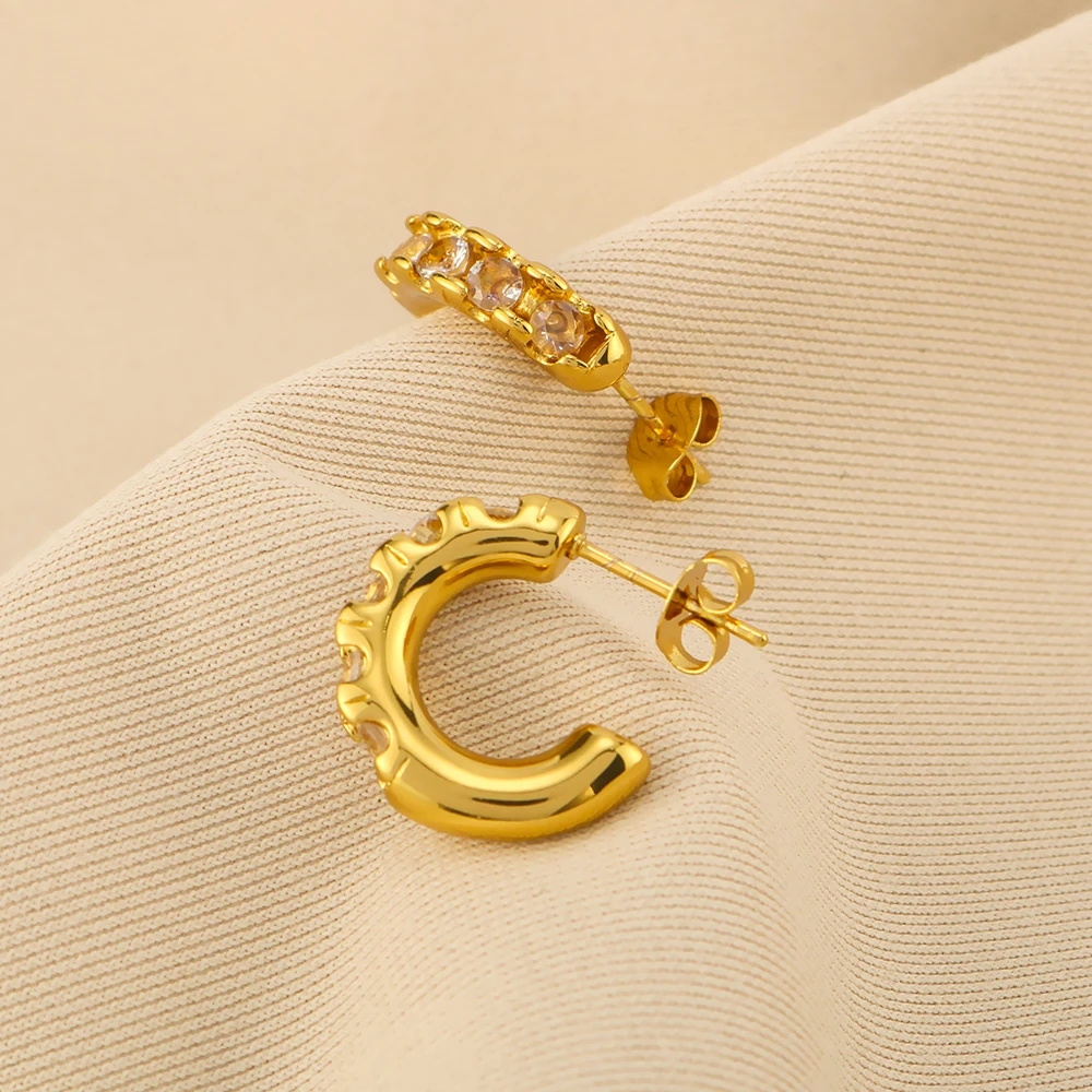 New Trendy Stainless Steel Earrings Ring Zircon Shiny Women's Semi-circle Earrings 18K Real Gold Plated