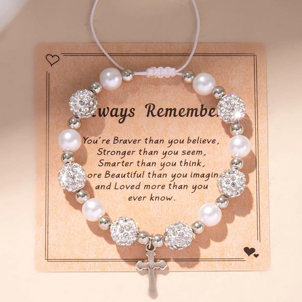 Luxury Imitation Fresh Water Pearl Adjustable Elastic Cord Beaded Bracelet Cross Charm Heart Stitching Bracelets For Women Girls