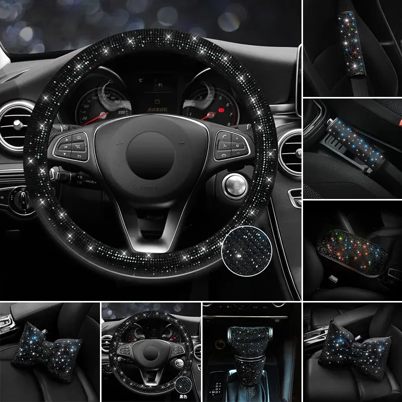 Factory Wholesale Custom 7 pcs Pack Black bling steering wheel luxury cover