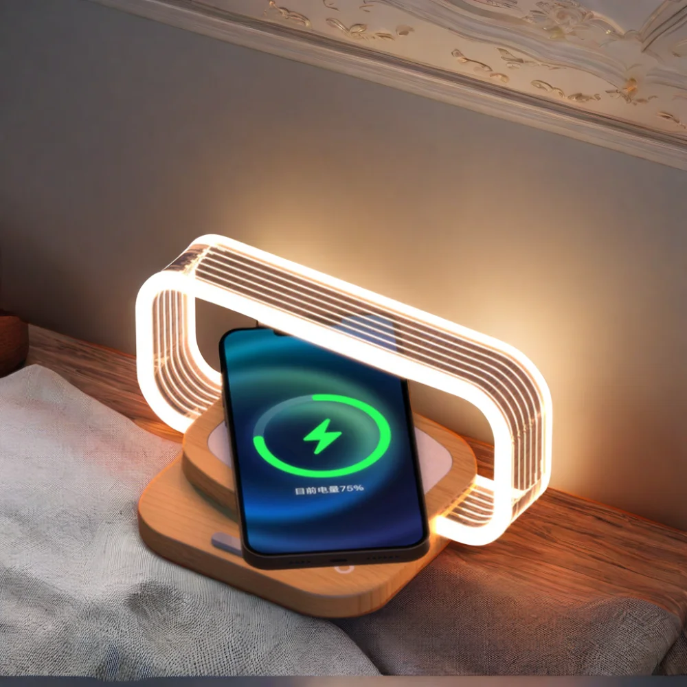 10W Wireless Charging Portable Desk Lamp Touch Acrylic Bedroom Bedside Wooden Table Lamps with Farmhouse Design Style