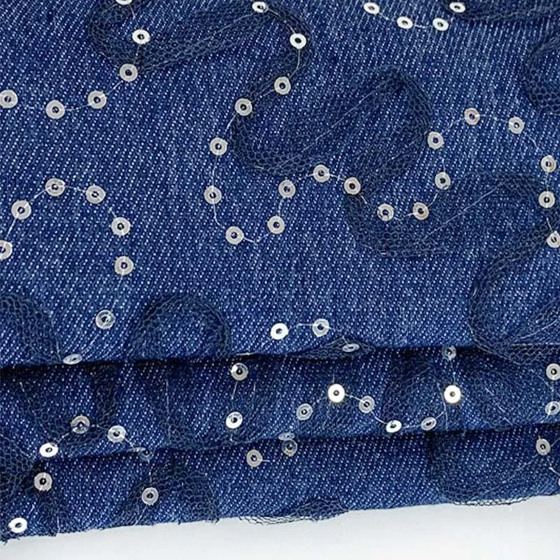 Denim Fabric Wholesale Polyester Cotton Lace Bead Embroidered Denim Fabric For Clothing Diy Decoration
