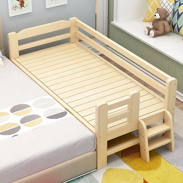 Wooden bed frame single children kids cot bed safety widening stitching baby bed