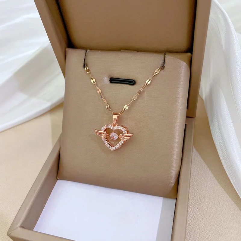 In Stock Valentines Day Angel Wings Necklace Gold Plated Stainless Steel Dangle Zircon Heart Necklace